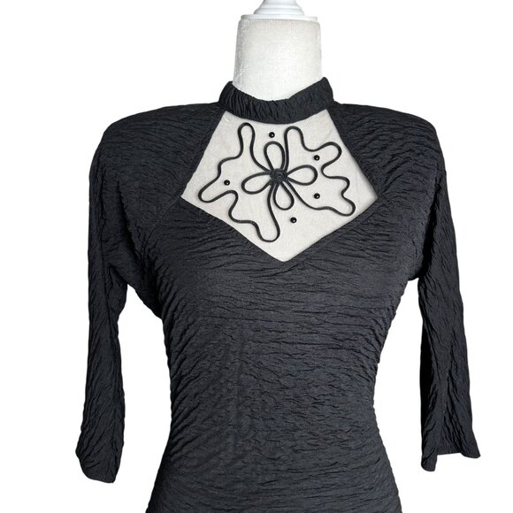 Vintage Textured Bodycon Dress Small Black Open Back 3/4 Sleeve Stretch Knit - Picture 4 of 11